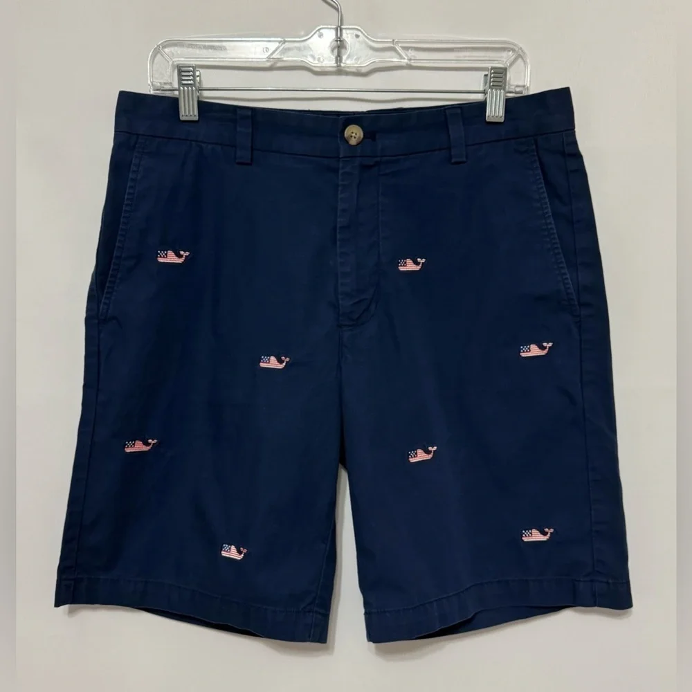 VINEYARD VINES Breaker Shorts Embroidered Flag Whales Mens Size 32 Navy Blue